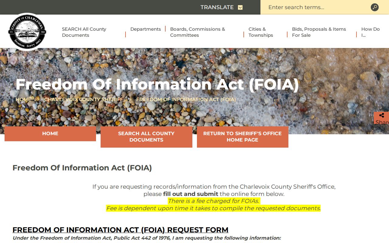Charlevoix County jail release record FOIA request form