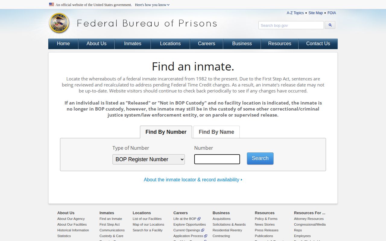 Federal Bureau of Prisons release locator for a Charlevoix County federal case