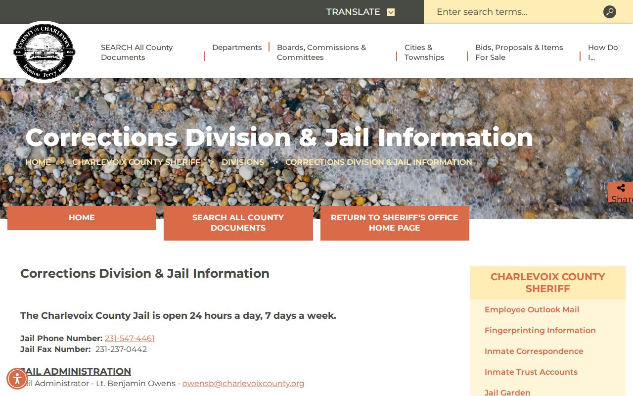 Charlevoix County 24-hour release source on the Sheriff corrections page