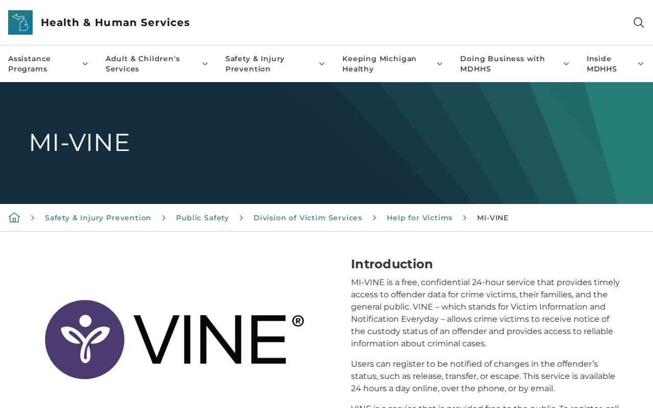 MI-VINE notification methods for a Charlevoix County inmate check